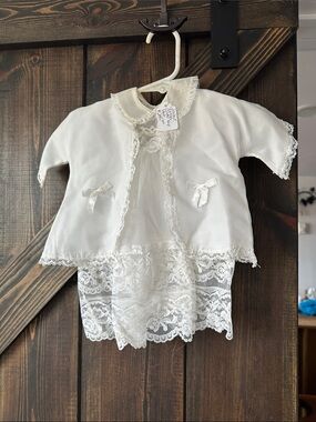 White Lace Baby Dress & Jacket Set with bonnet